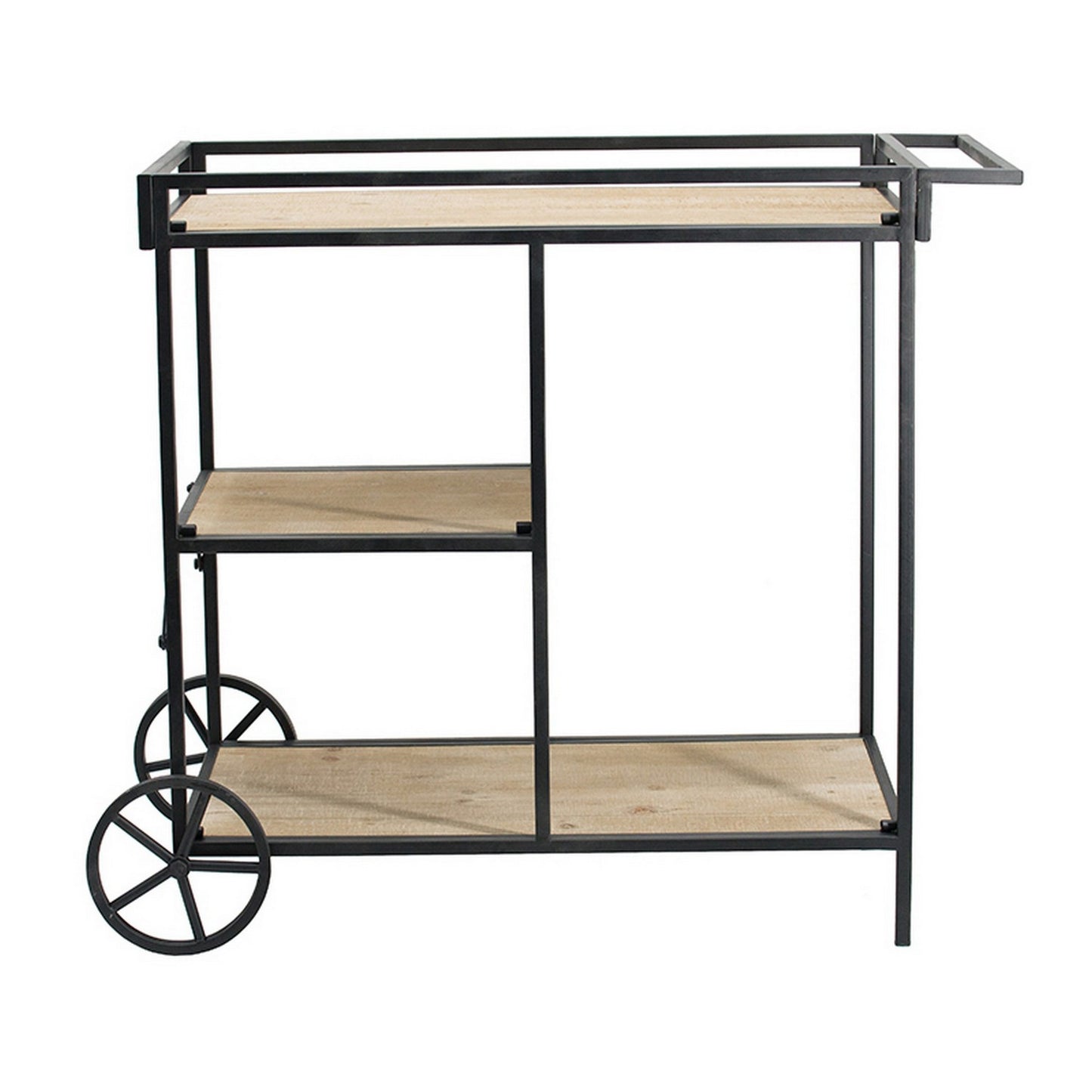Bar Cart, 32 Inch Bar Cart, 3 Tiers, Fir Wood Shelves, Iron Frame, Black, Brown