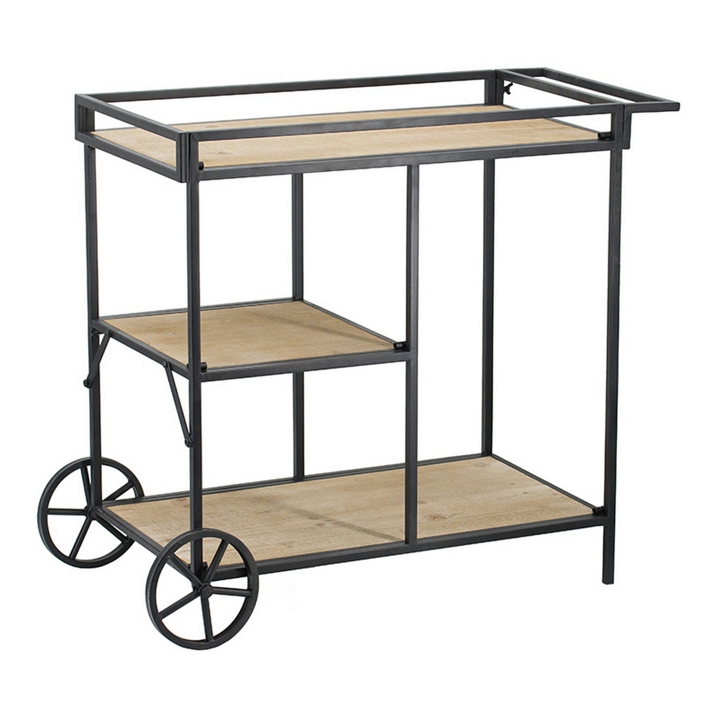 Bar Cart, 32 Inch Bar Cart, 3 Tiers, Fir Wood Shelves, Iron Frame, Black, Brown