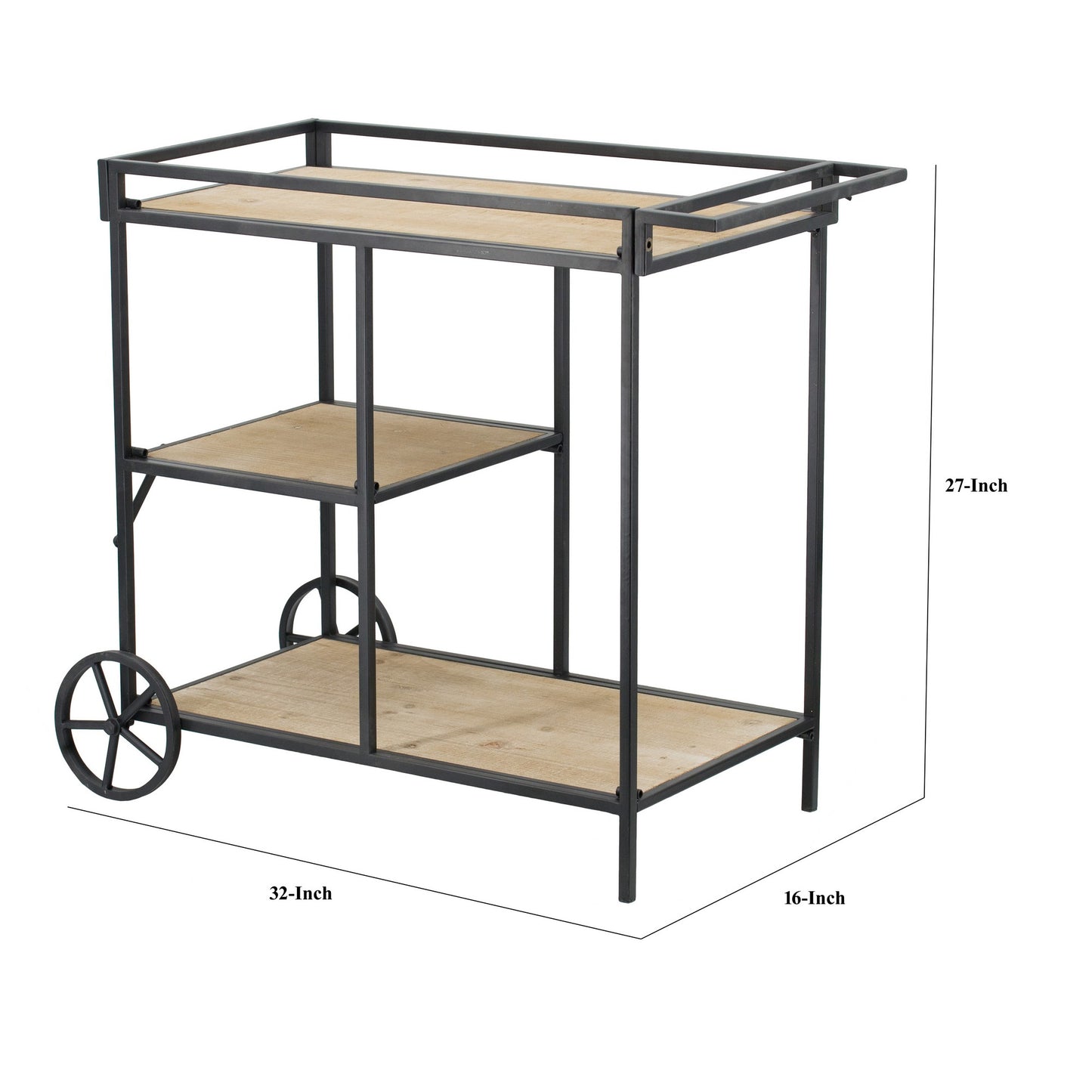 Bar Cart, 32 Inch Bar Cart, 3 Tiers, Fir Wood Shelves, Iron Frame, Black, Brown