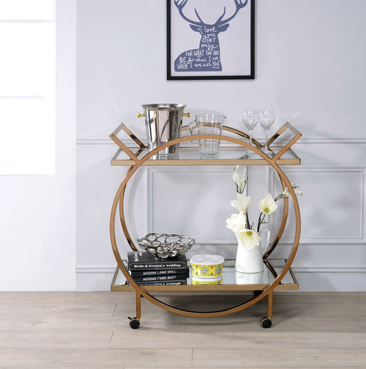 Bar Cart, Metal Serving Cart with Mirrored Open Shelf and Tubular Angled Handles, Gold and Clear