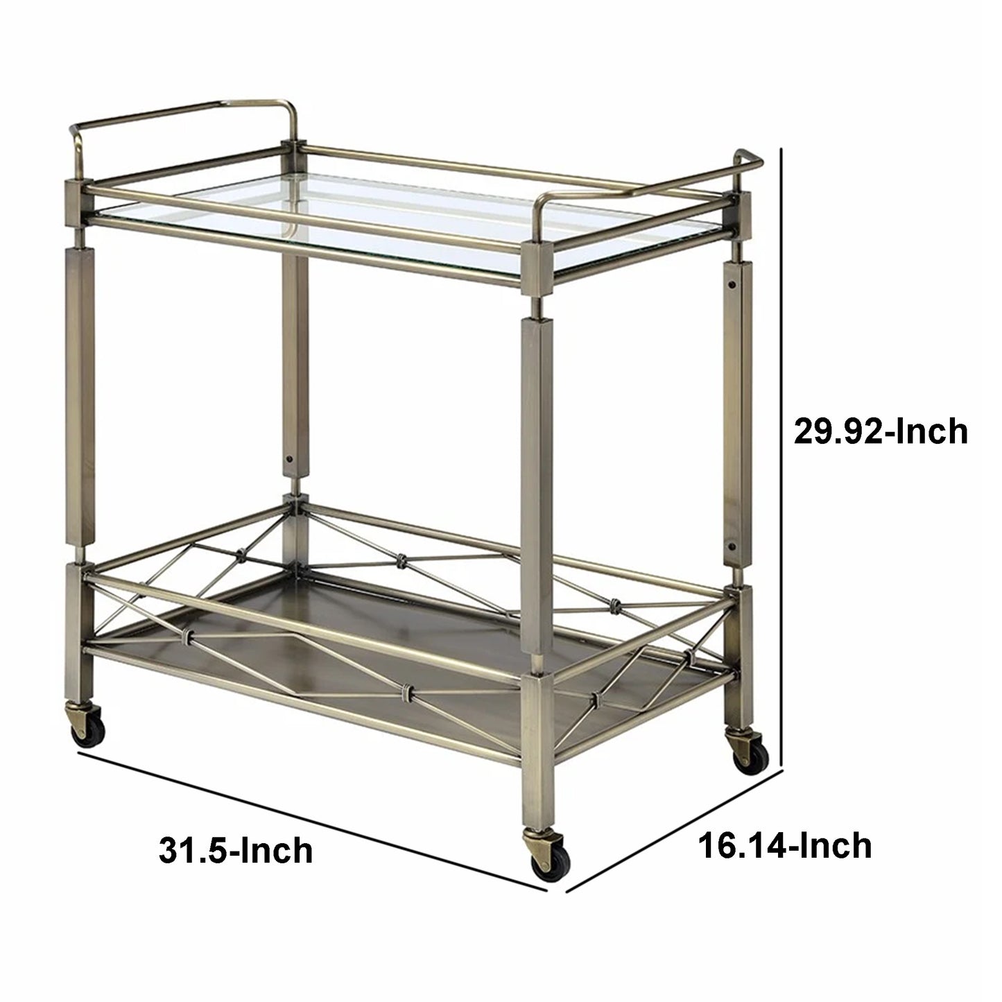 Bar Cart, 2 Tier Design Rectangular Metal Serving Cart with Glass Top Shelf, Silver