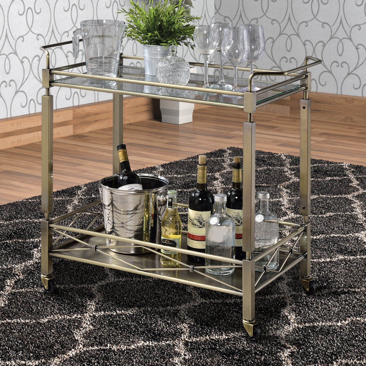 Bar Cart, 2 Tier Design Rectangular Metal Serving Cart with Glass Top Shelf, Silver