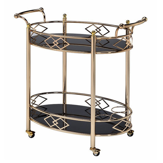 Bar Cart, Metal Framed Serving Cart with Tempered Glass Top and Open Bottom Shelf, Gold and Black