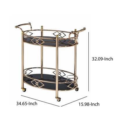 Bar Cart, Metal Framed Serving Cart with Tempered Glass Top and Open Bottom Shelf, Gold and Black