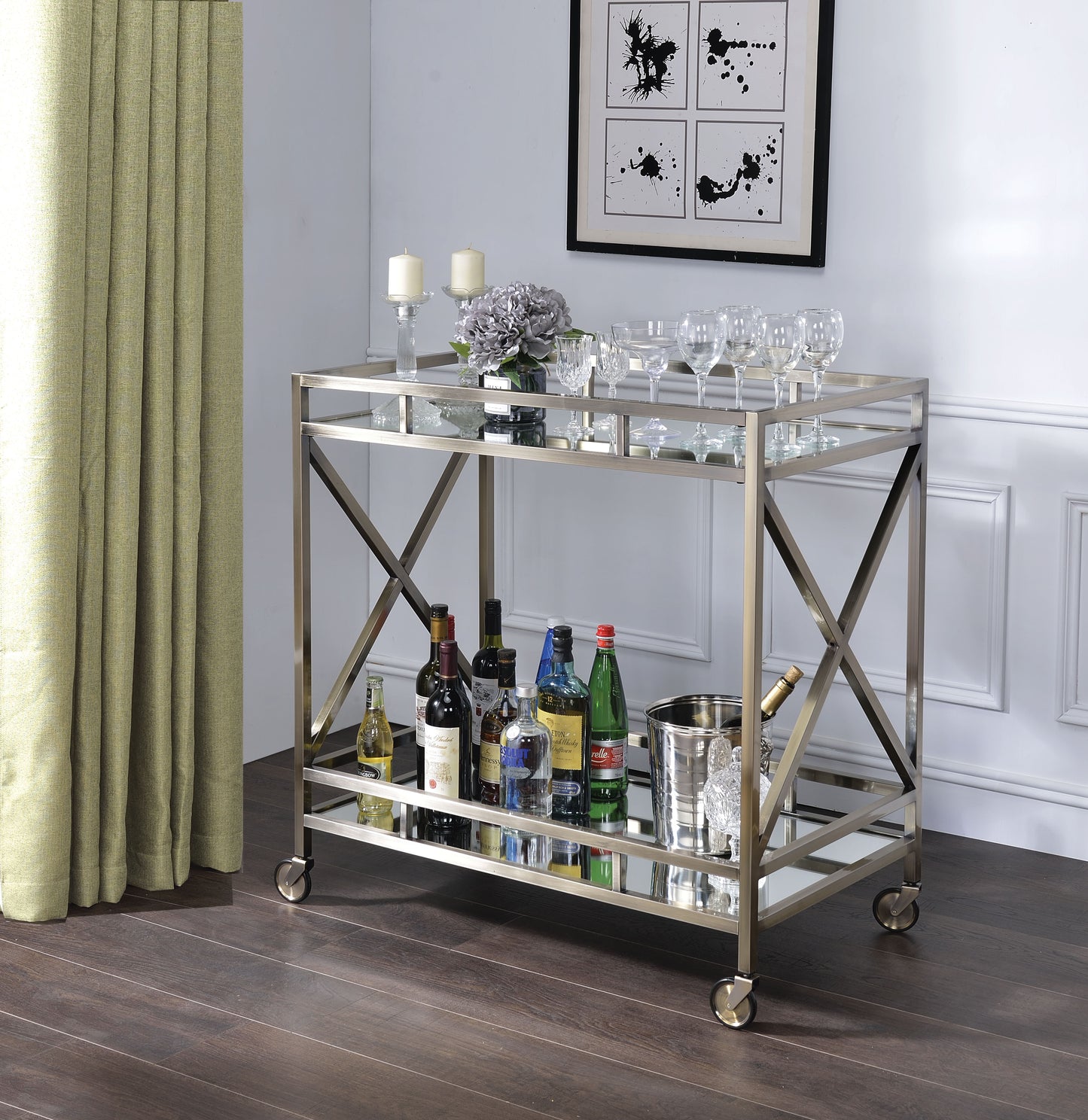 Bar Cart, Metal Framed Two Tier Serving Cart with X Shaped Side Panels, Mirrored, Antique Gold