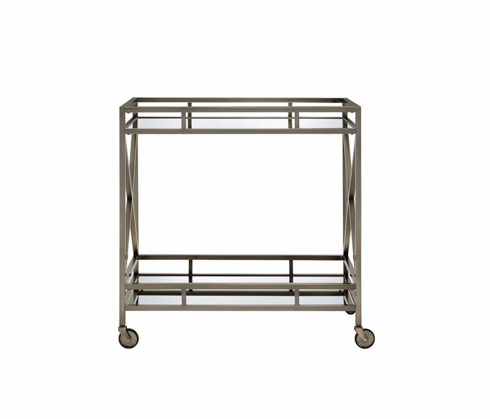 Bar Cart, Metal Framed Two Tier Serving Cart with X Shaped Side Panels, Mirrored, Antique Gold