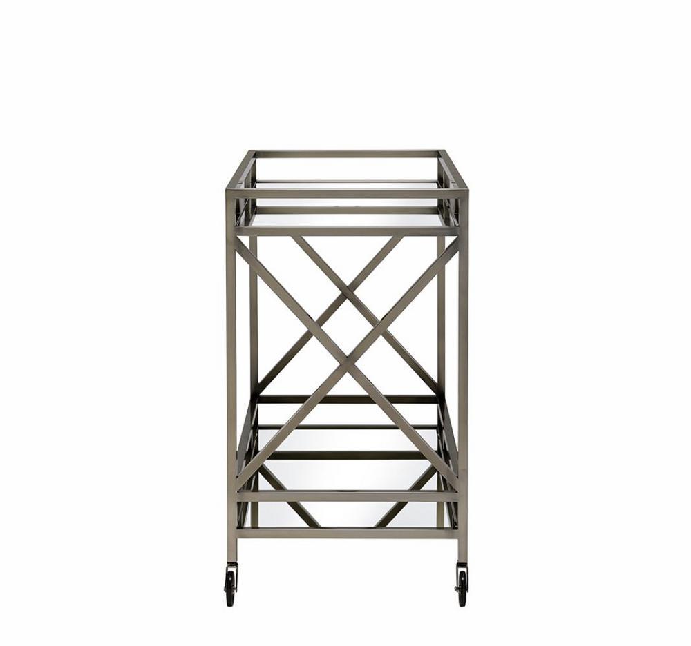 Bar Cart, Metal Framed Two Tier Serving Cart with X Shaped Side Panels, Mirrored, Antique Gold