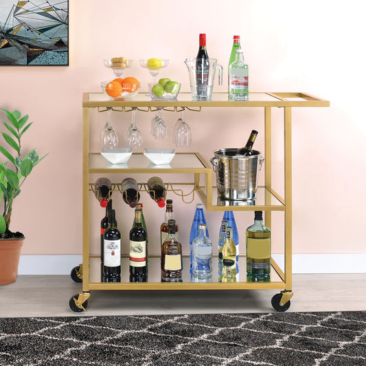 Bar Cart, Rectangular Metal Serving Cart with Stemware and Bottle Holder, Gold