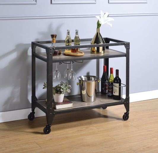 Bar Cart, 2 Tier Metal Serving Cart with Wooden Shelves and Bottle Holders, Black