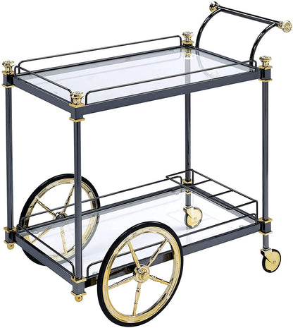 Bar Cart, Metal Framed Serving Cart with Glass Shelves and Side Handle, Black and Gold