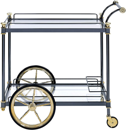 Bar Cart, Metal Framed Serving Cart with Glass Shelves and Side Handle, Black and Gold