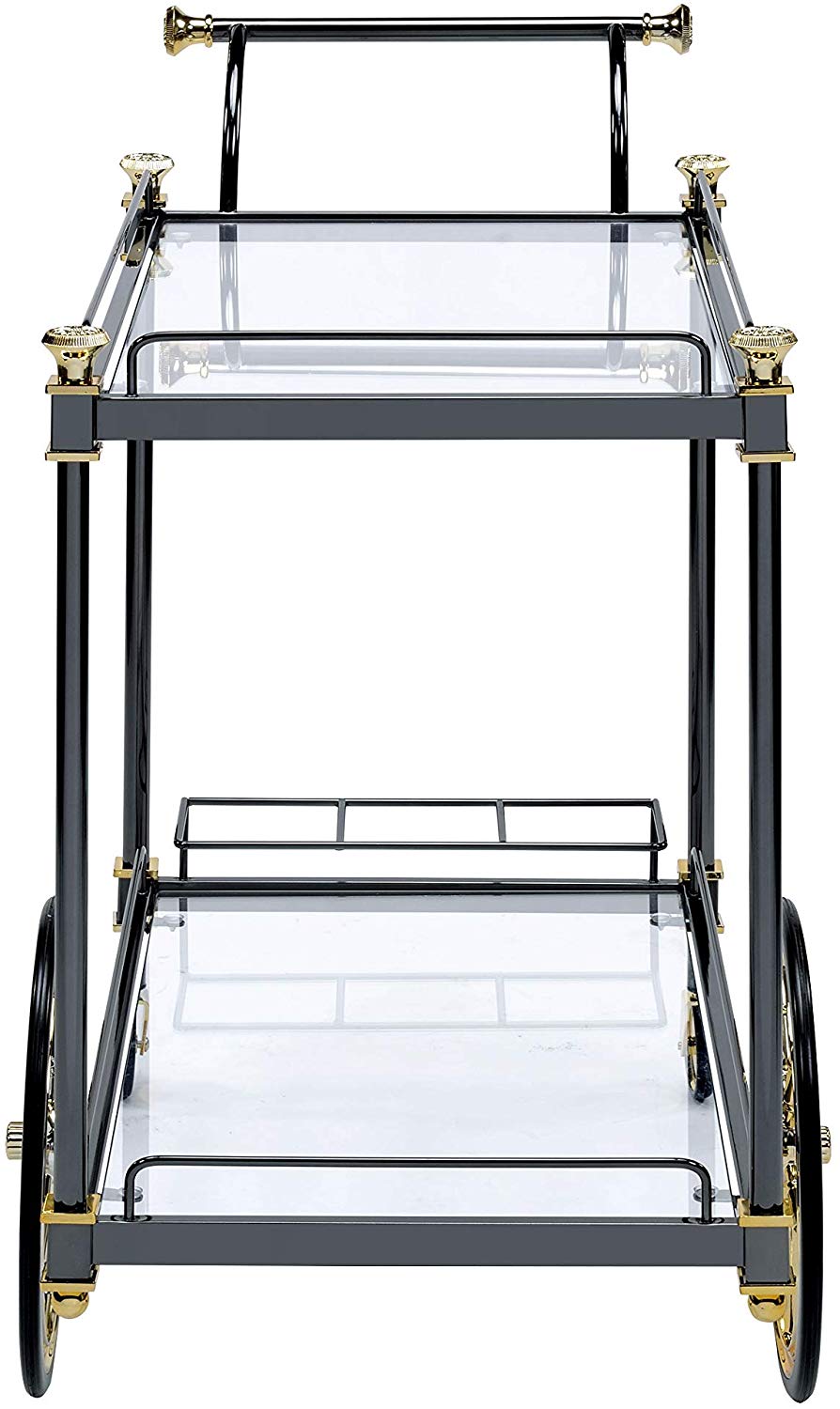 Bar Cart, Metal Framed Serving Cart with Glass Shelves and Side Handle, Black and Gold