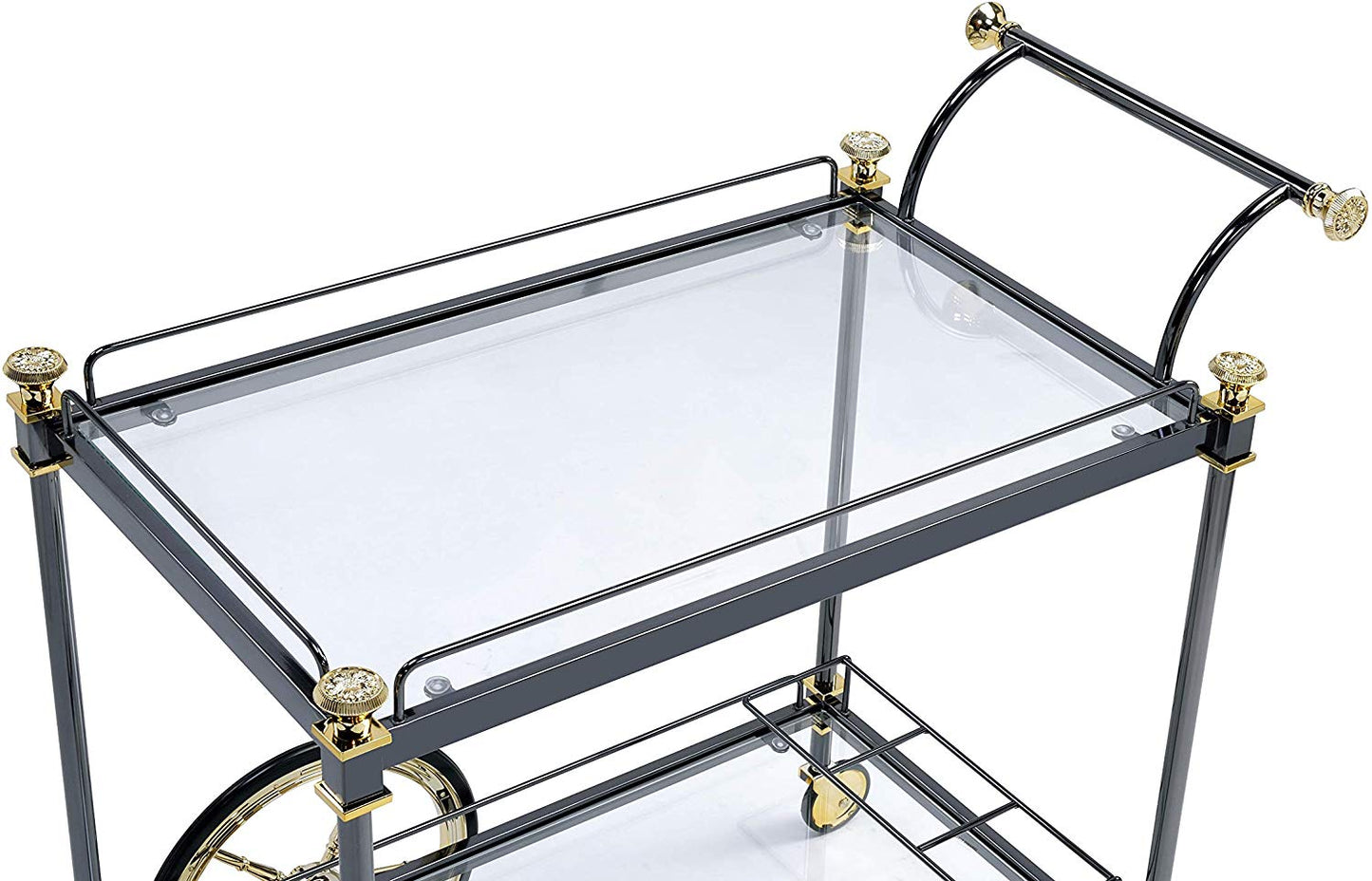 Bar Cart, Metal Framed Serving Cart with Glass Shelves and Side Handle, Black and Gold