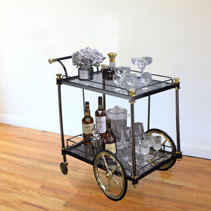 Bar Cart, Metal Framed Serving Cart with Glass Shelves and Side Handle, Black and Gold