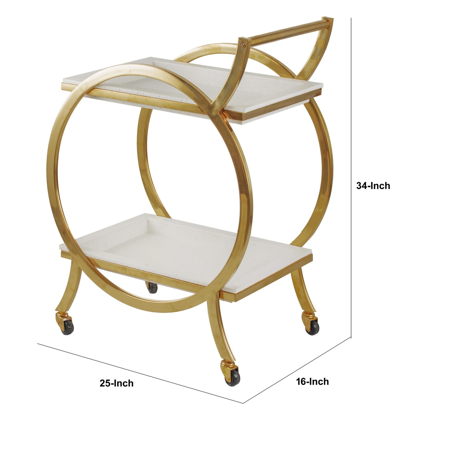 Sia 34 Inch Rolling Bar Cart, Round Steel Frame, Removable Trays White Gold