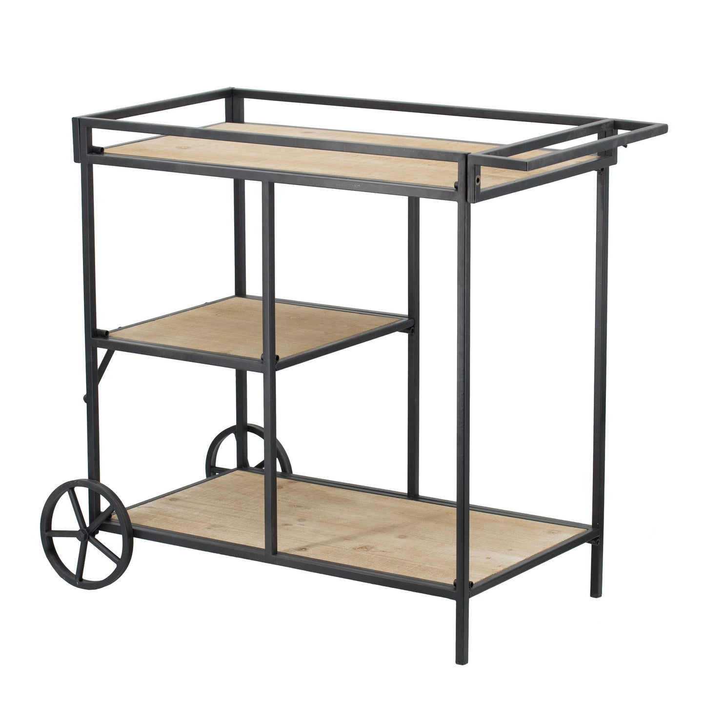 Bar Cart, 32 Inch Bar Cart, 3 Tiers, Fir Wood Shelves, Iron Frame, Black, Brown