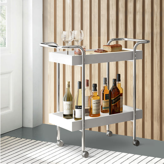 Storage Cart with 2 Tier Design and Metal Frame, White and Chrome